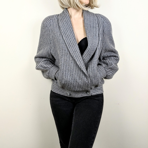 SOLD VTG 80s Gray Wool Knit Shawl Collar Jacket - Picture 8 of 10